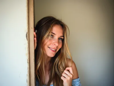 Young Woman Peeking Around A Doorway