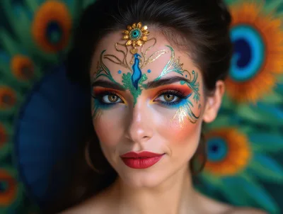 Portrait Of A Woman With Peacock Inspired Makeup