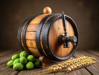 Wooden Beer Barrel With Hops And Wheat Stalks