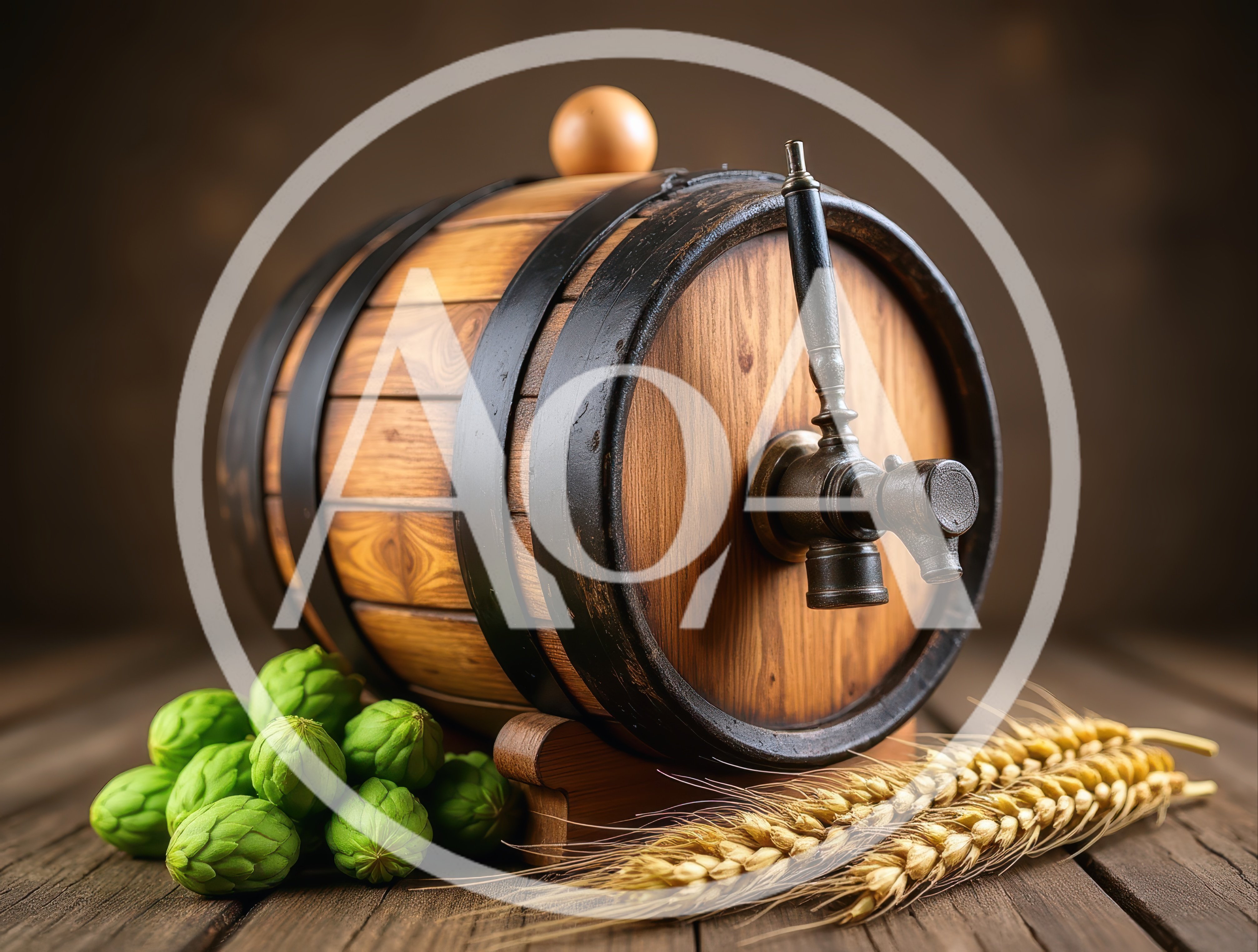 Wooden Beer Barrel With Hops And Wheat Stalks