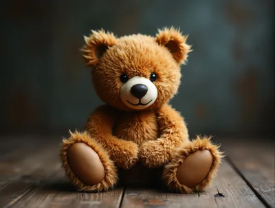 Cute Brown Teddy Bear Sitting On Wooden Floor