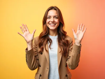 Smiling Young Woman Waving Hands Against Gradient Background