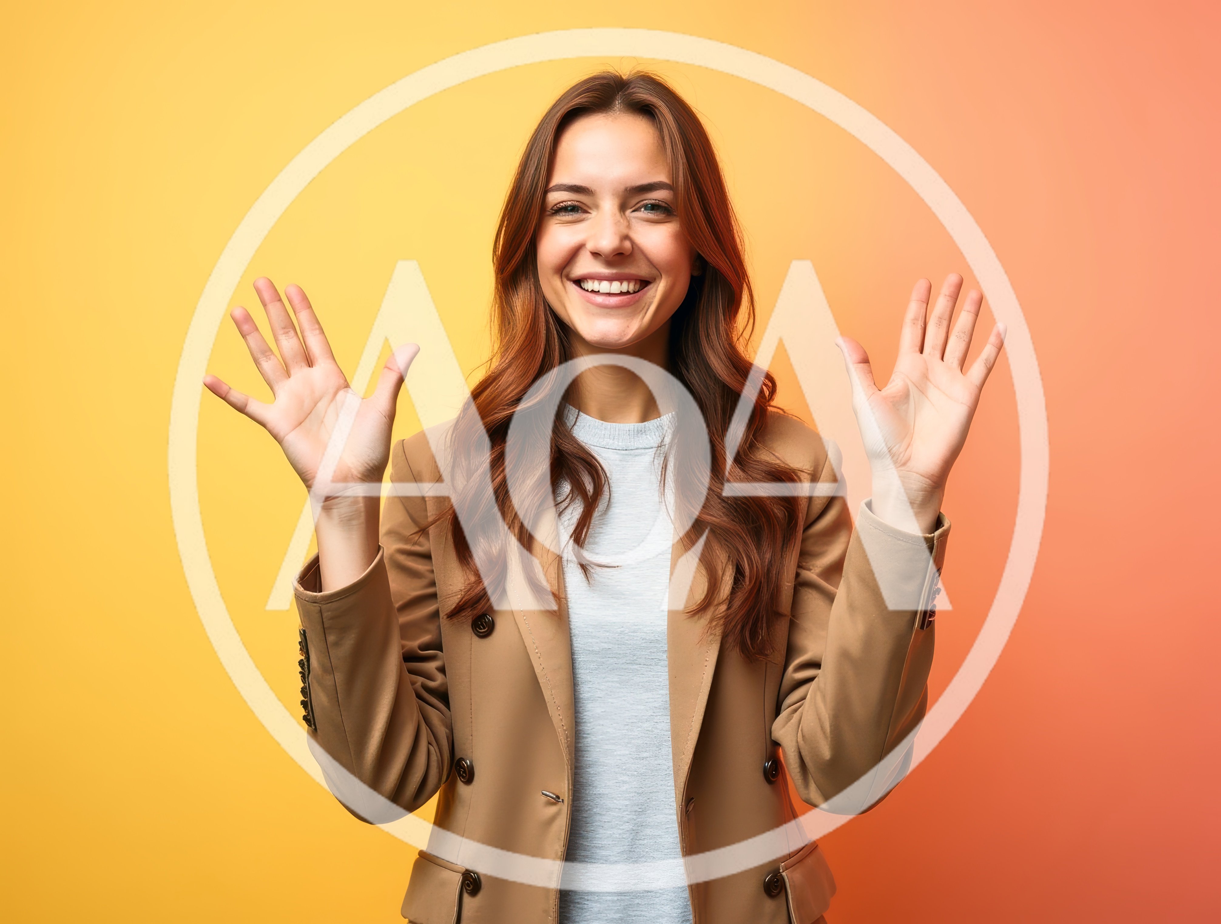 Smiling Young Woman Waving Hands Against Gradient Background