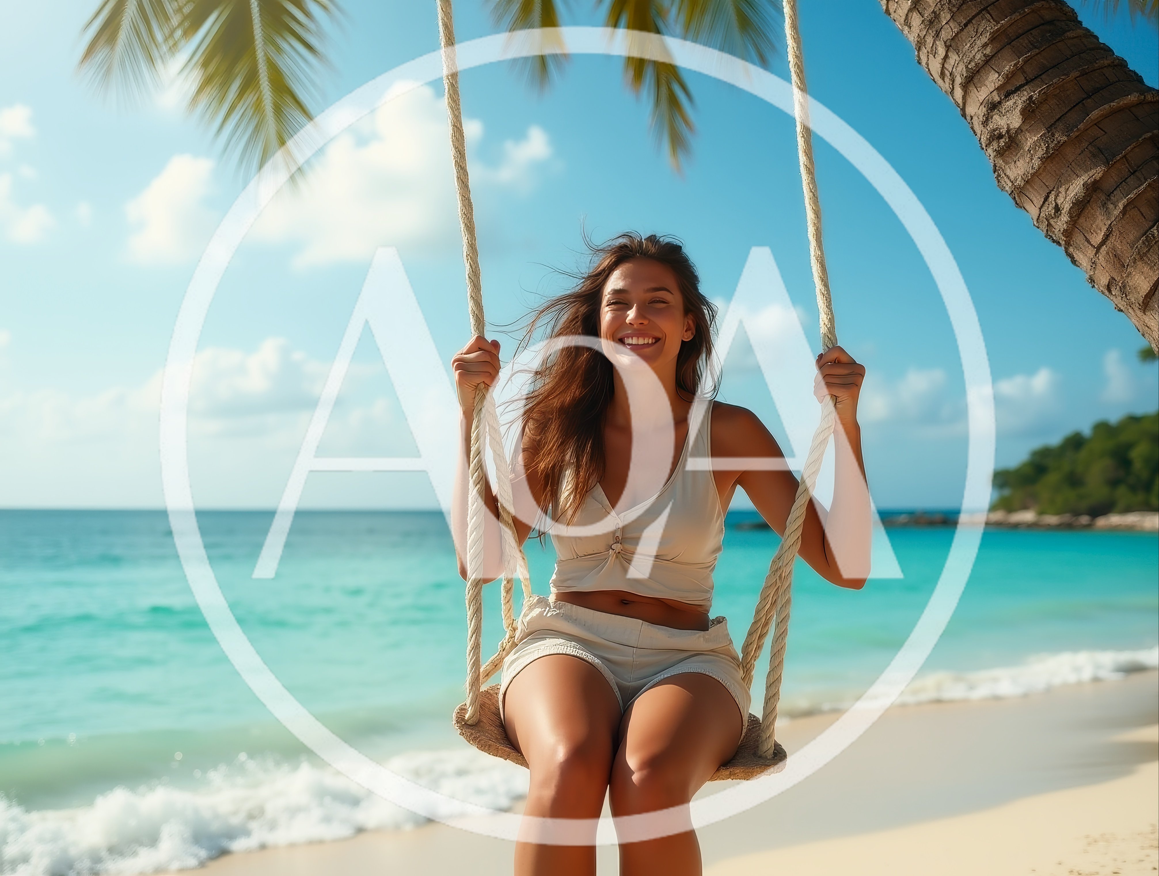 Happy Woman Swinging On A Tropical Beach