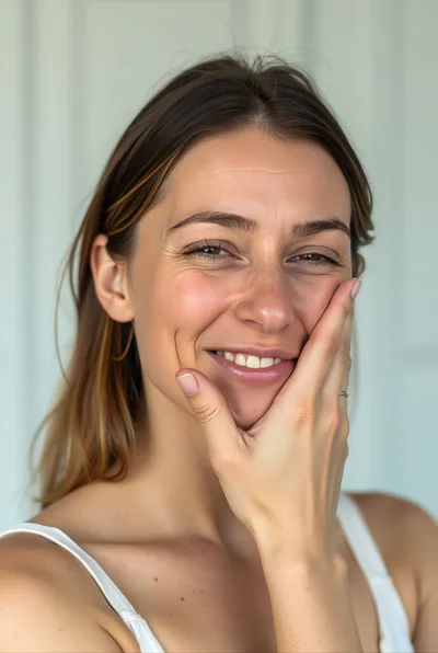 Smiling Woman Touching Her Face With Hand