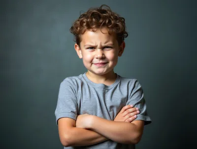 Young Boy With Curly Hair Crossing Arms Looking Grumpy