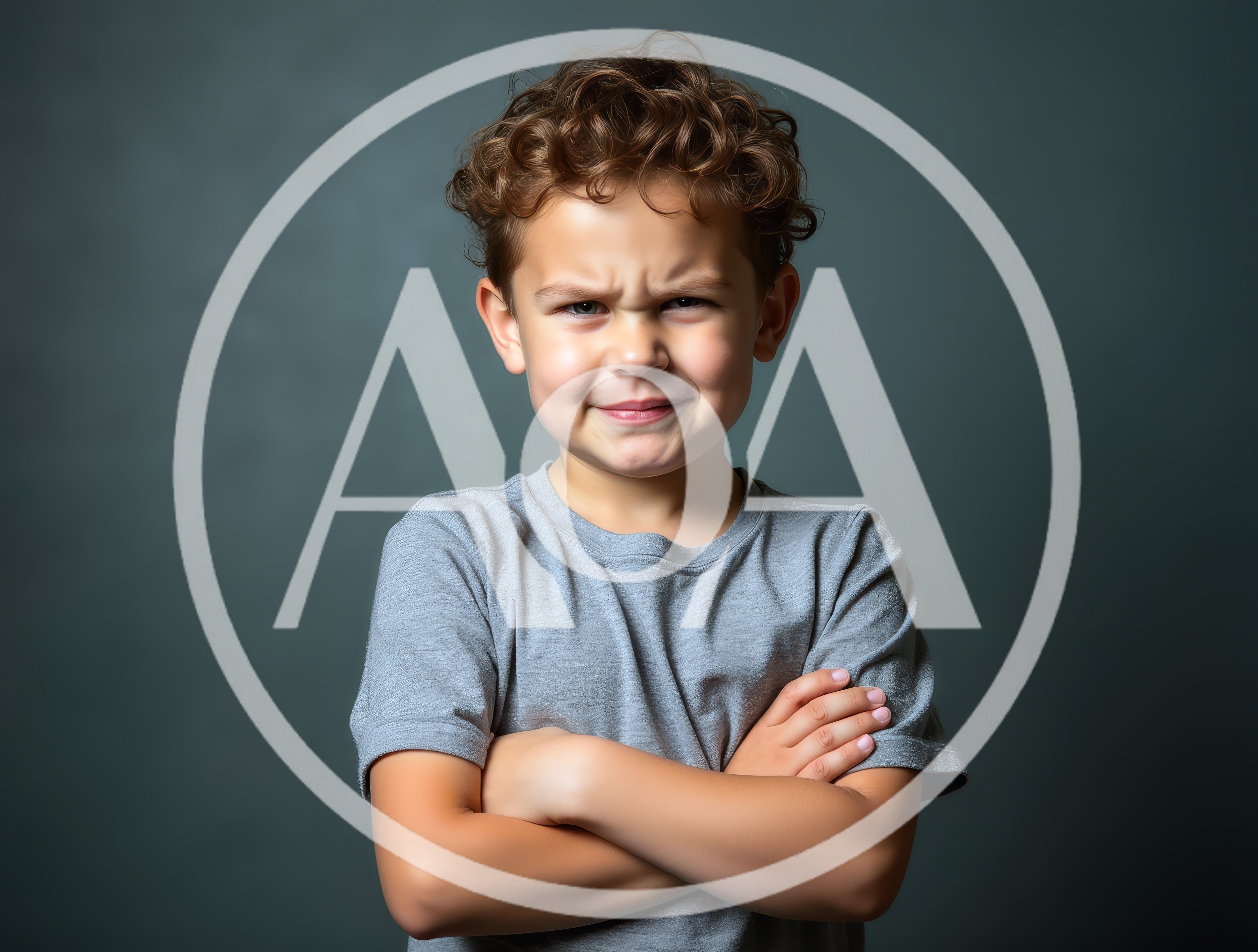 Young Boy With Curly Hair Crossing Arms Looking Grumpy