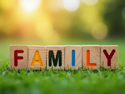 Wooden Blocks Spelling Family On Green Grass