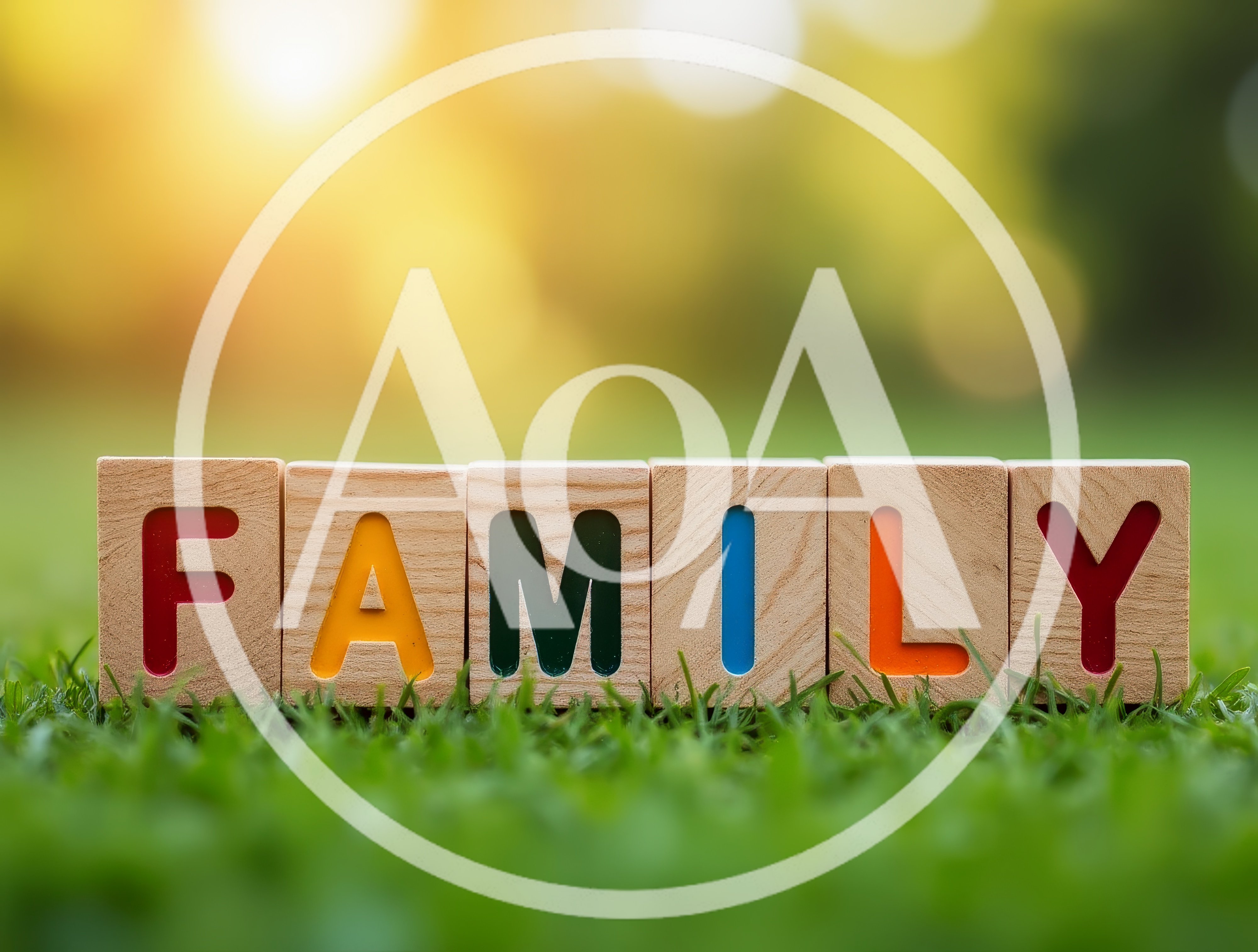 Wooden Blocks Spelling Family On Green Grass