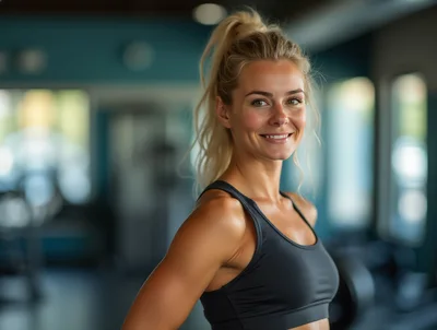 Smiling Blonde Woman Exercising In A Modern Gym