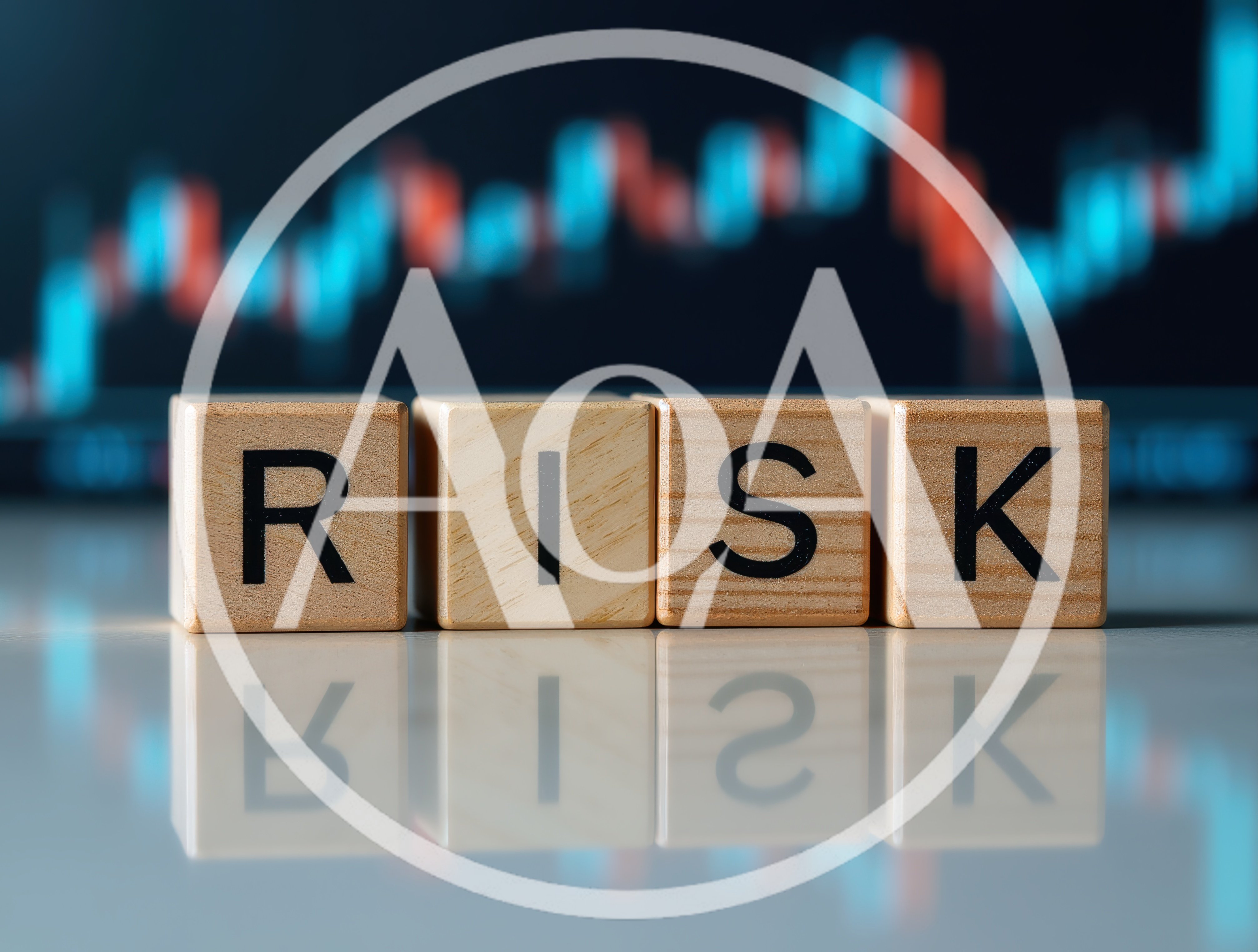 Wooden Blocks Spelling Risk With Financial Market Chart Background
