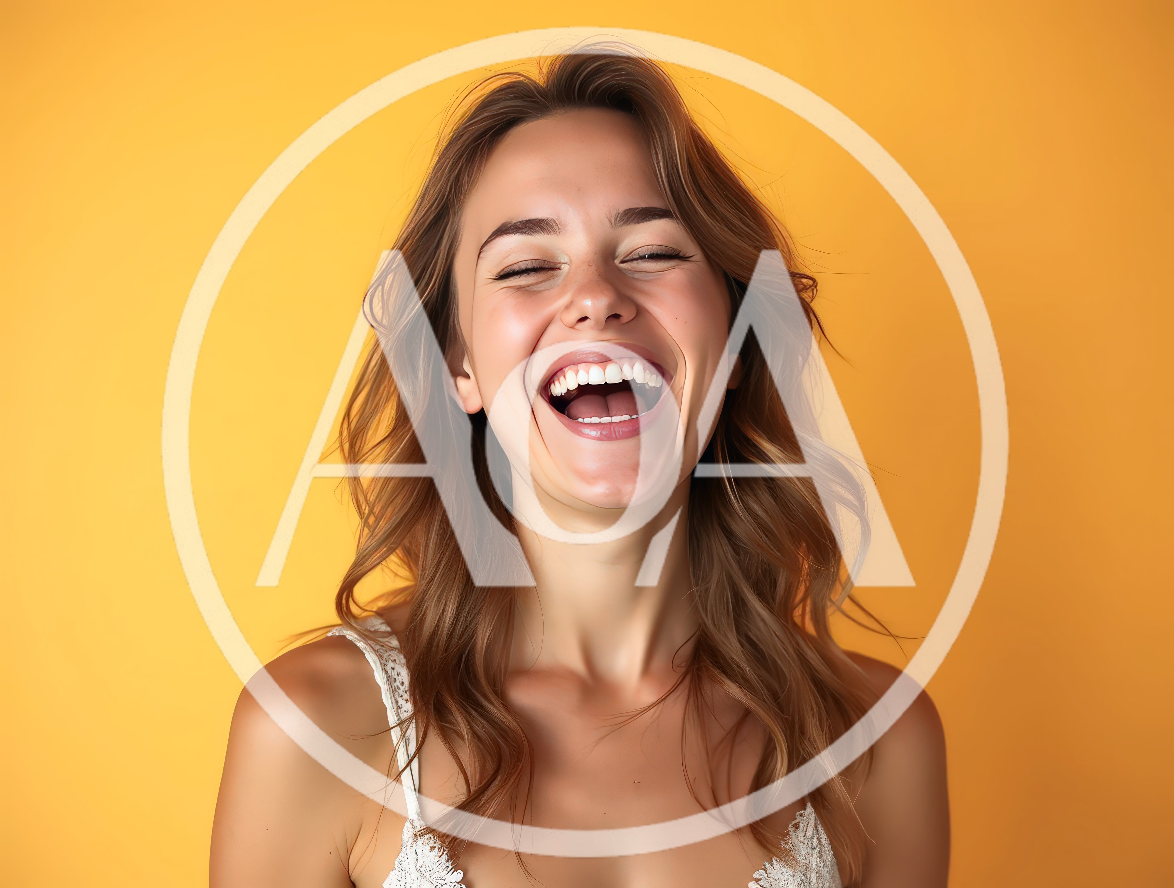 Young Woman Laughing Joyfully Against Yellow Background
