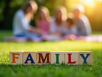 Wooden Blocks Spelling Family on Green Grass