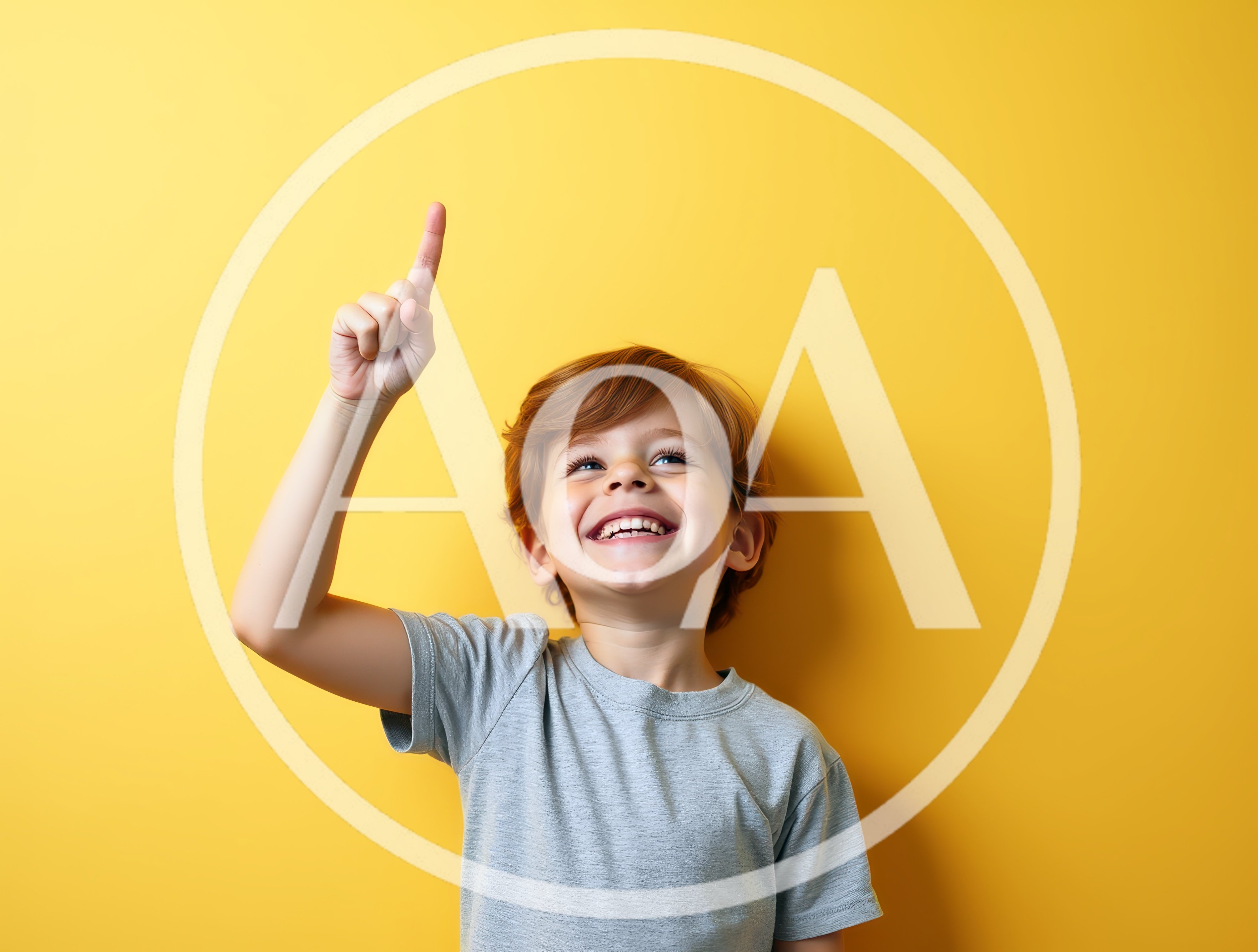 Happy Young Boy Pointing Upwards Against Yellow Background