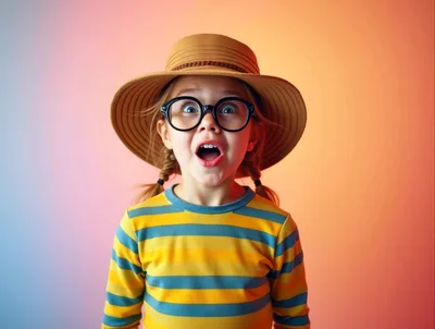 Surprised Young Girl Wearing Hat and Glasses
