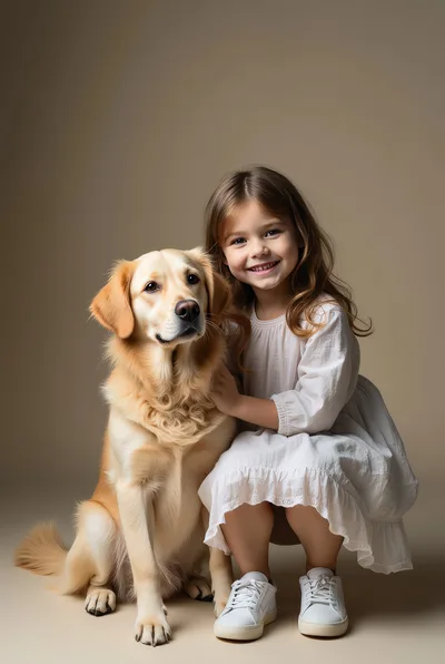 Smiling girl hugging golden retriever dog in studio setting