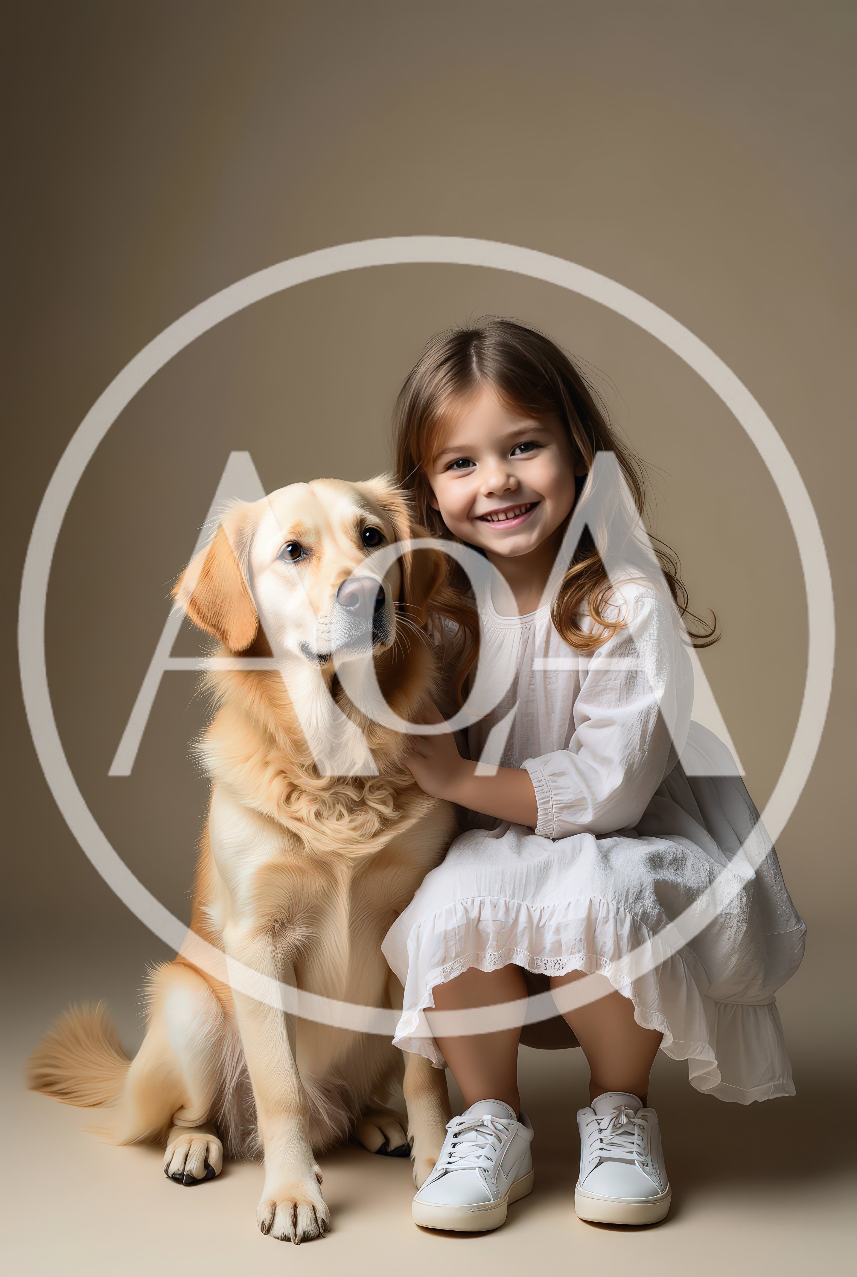 Smiling girl hugging golden retriever dog in studio setting