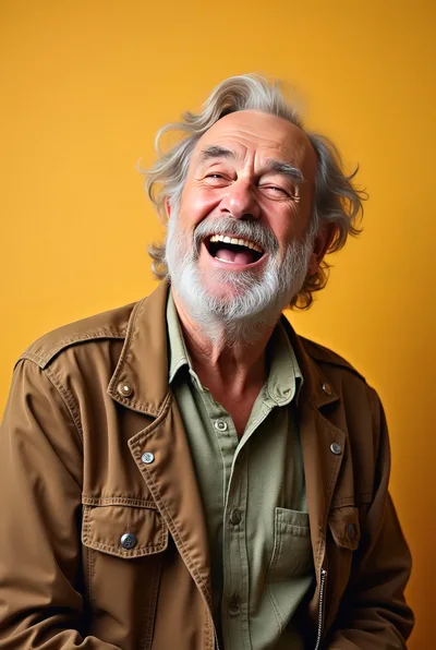 Laughing Senior Man With Gray Beard And Jacket