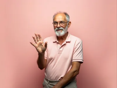 Senior Man Waving Hello Against Pink Background
