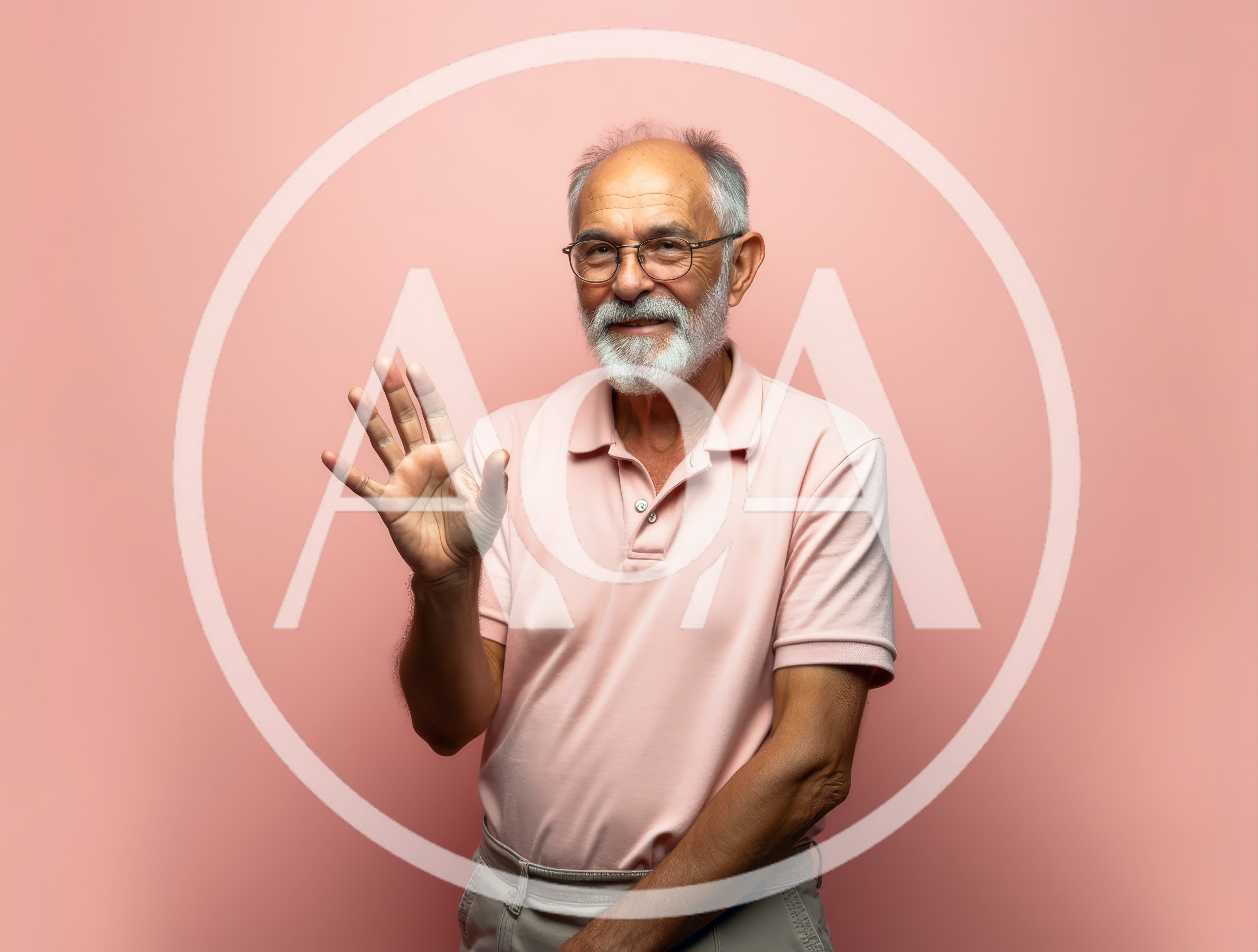 Senior Man Waving Hello Against Pink Background