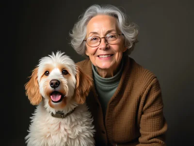 Senior Woman Posing With Her Happy Goldendoodle Dog