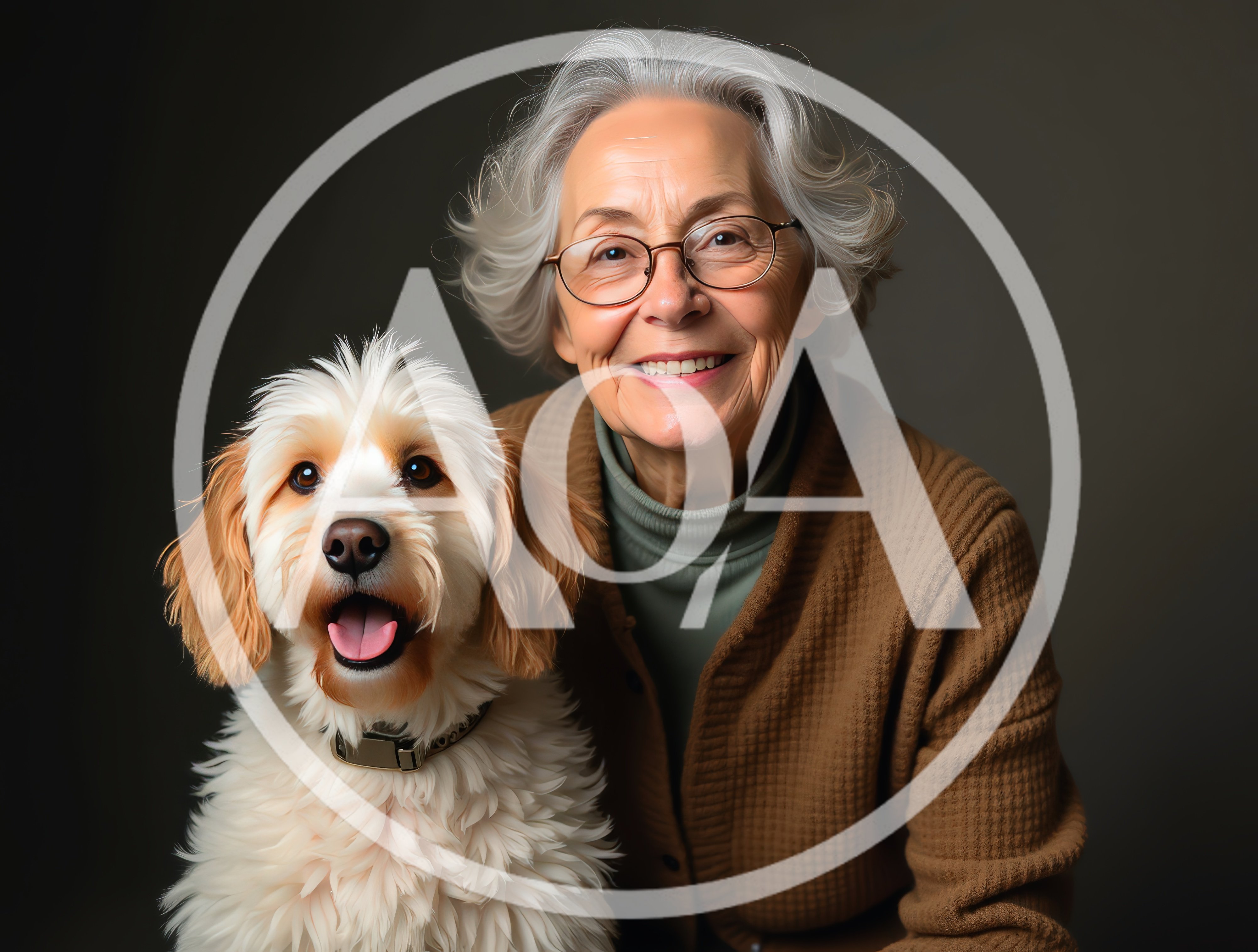 Senior Woman Posing With Her Happy Goldendoodle Dog