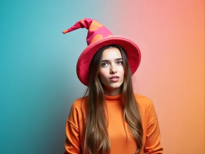 Young Woman Wearing A Whimsical Pink Witch Hat