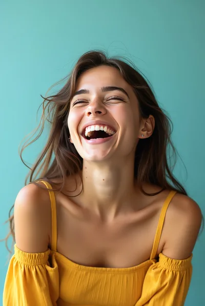 Young Woman Laughing Joyfully Against Teal Background