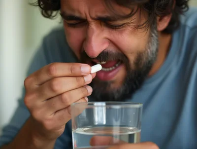 Man Struggling To Swallow A Medication Capsule