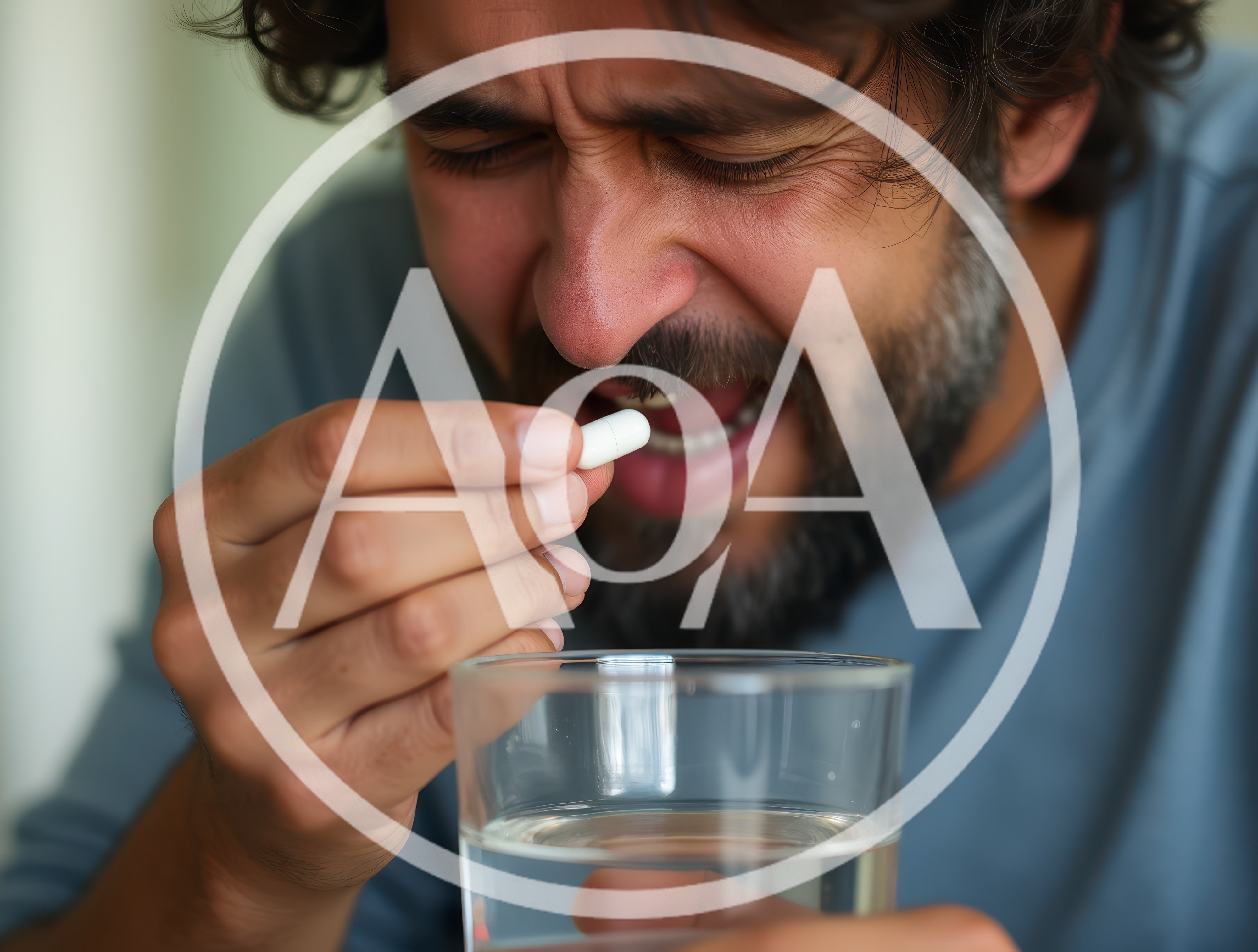 Man Struggling To Swallow A Medication Capsule