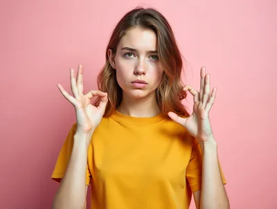 Young Woman Making OK Hand Gestures Against Pink Background