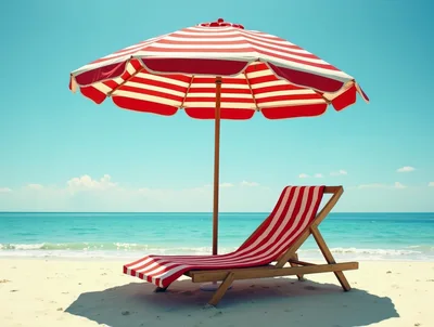 Red and White Striped Beach Umbrella and Lounge Chair