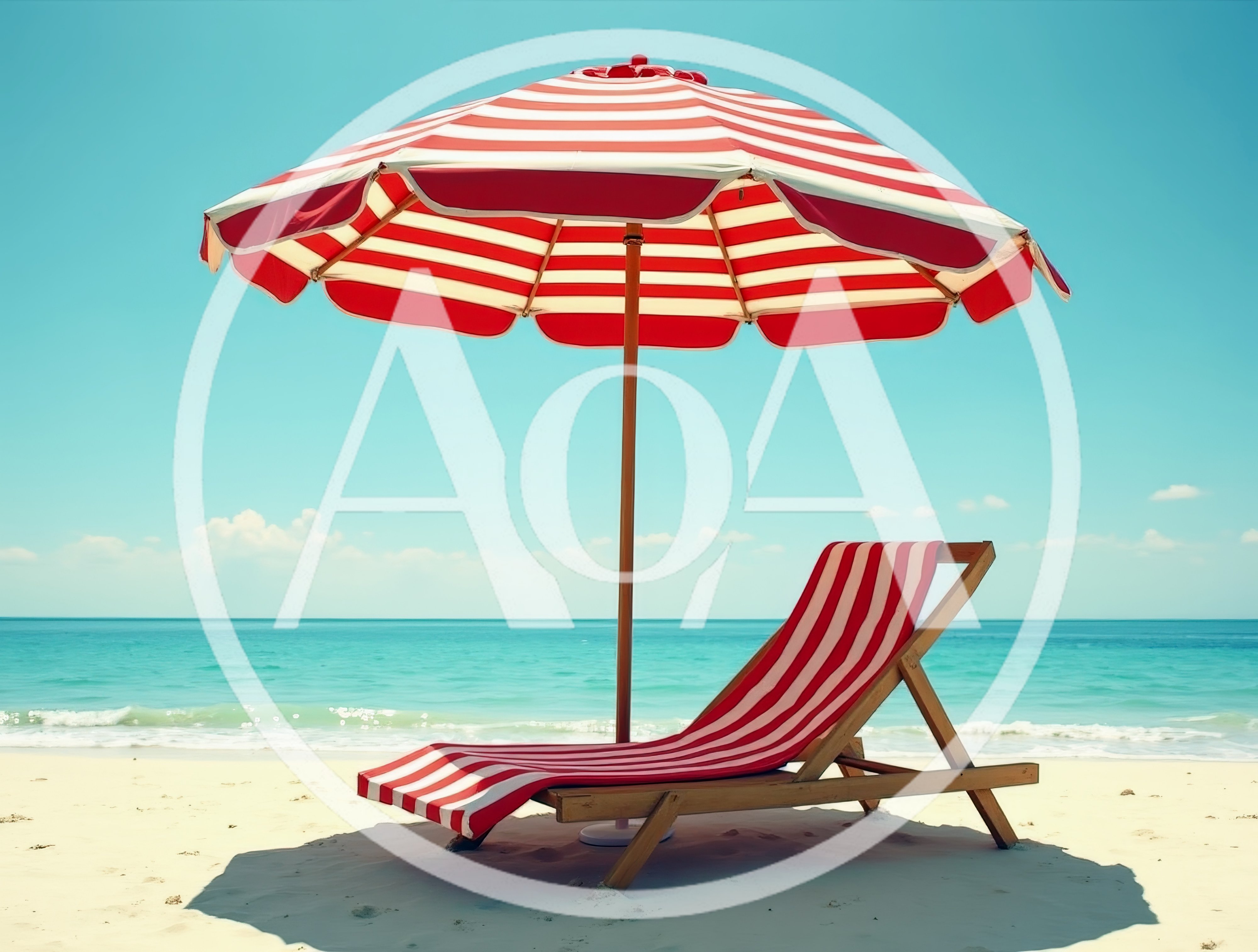 Red and White Striped Beach Umbrella and Lounge Chair