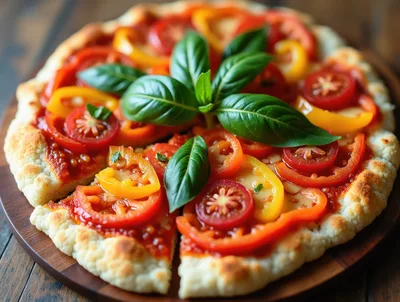 Fresh Homemade Vegetable Pizza With Tomatoes And Basil