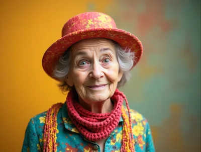 Portrait Of An Elderly Woman Wearing A Red Hat