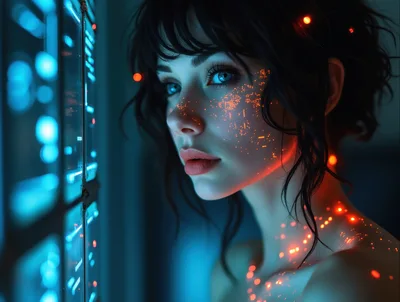 Cybernetic Woman Interacting With Glowing Digital Interface