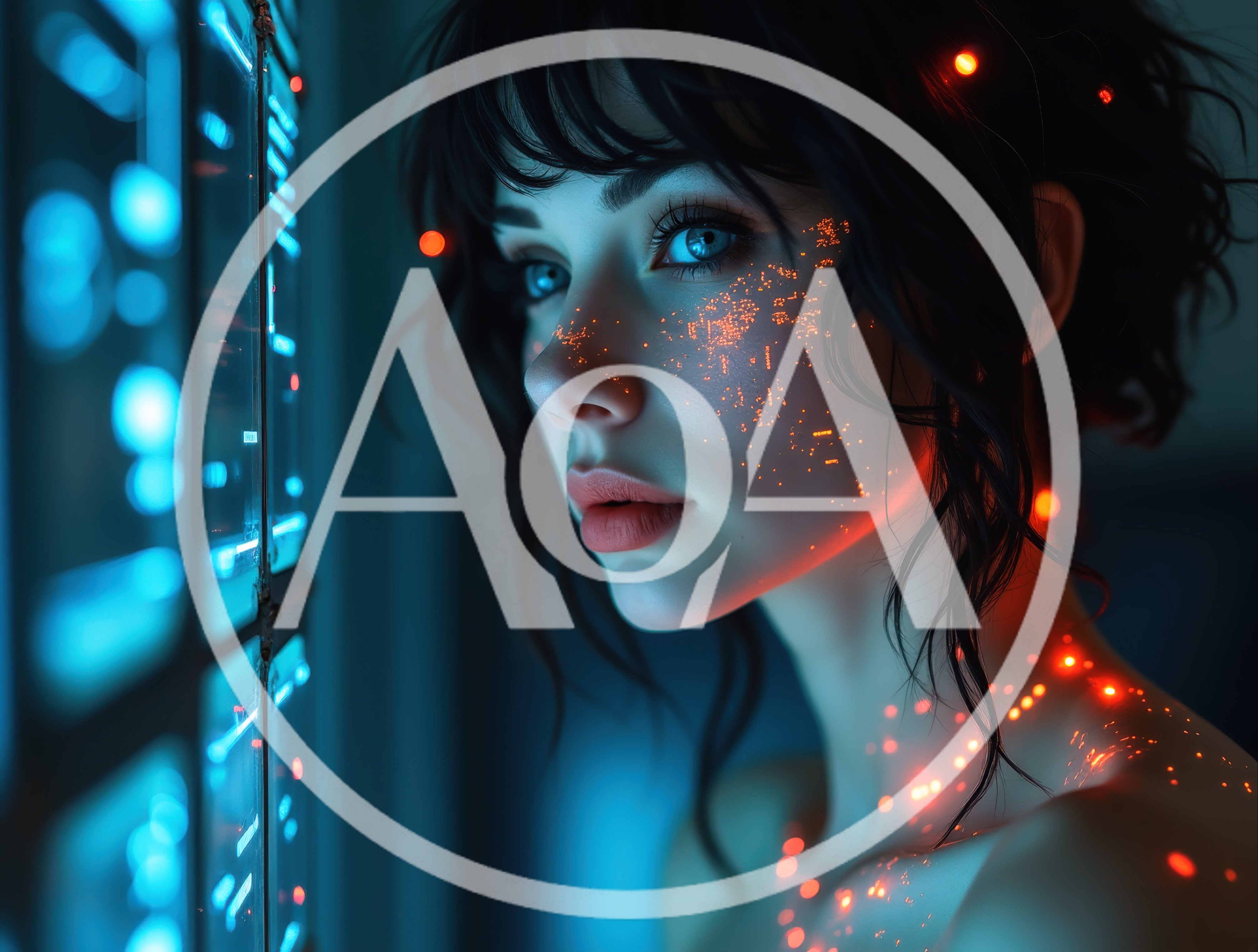 Cybernetic Woman Interacting With Glowing Digital Interface
