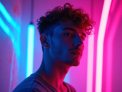 Young Man With Curly Hair Under Neon Lighting
