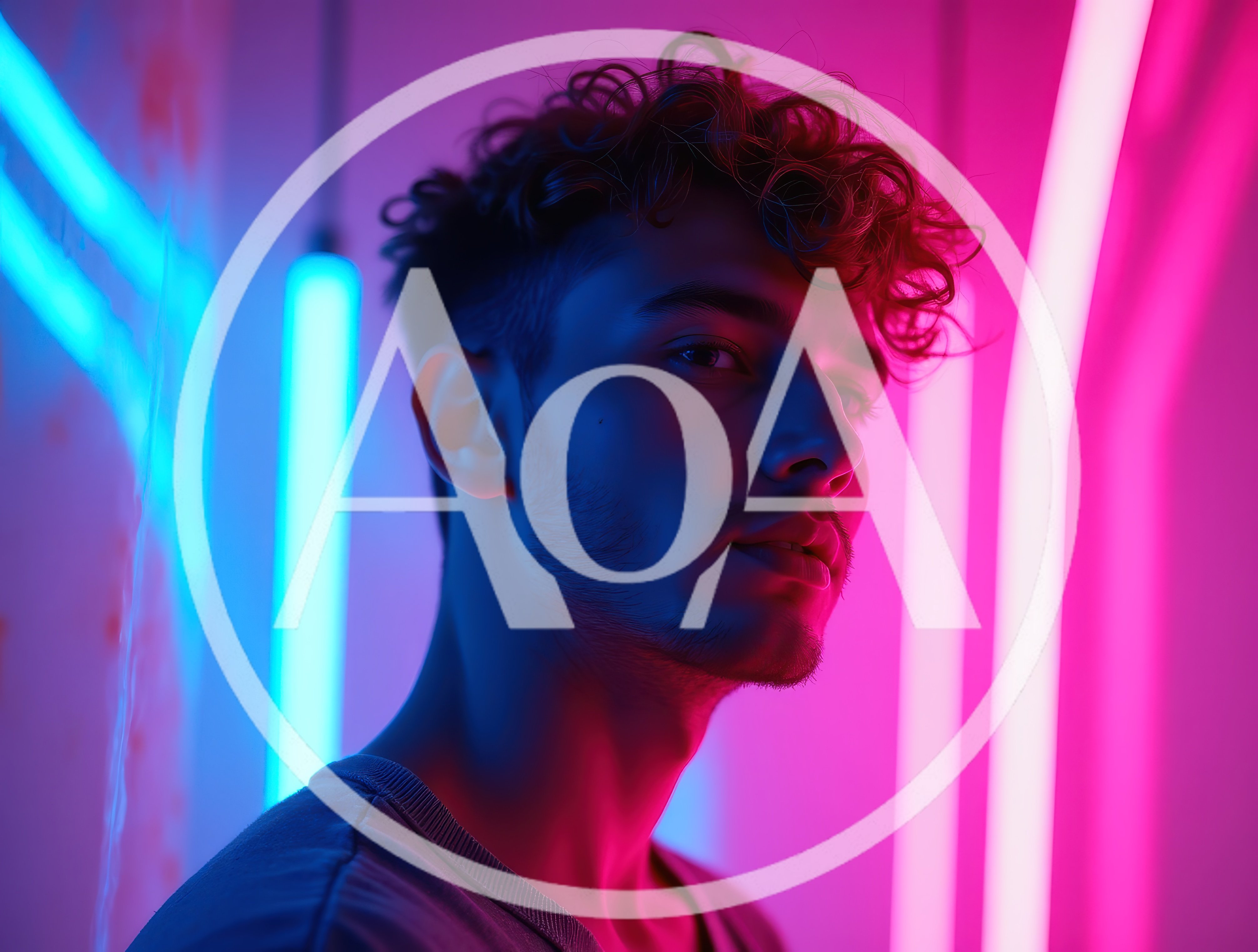 Young Man With Curly Hair Under Neon Lighting