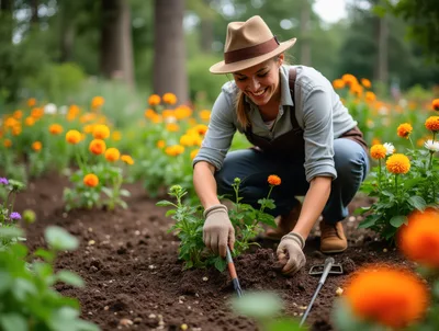 Woman Gardening In A Vibrant Flower Bed