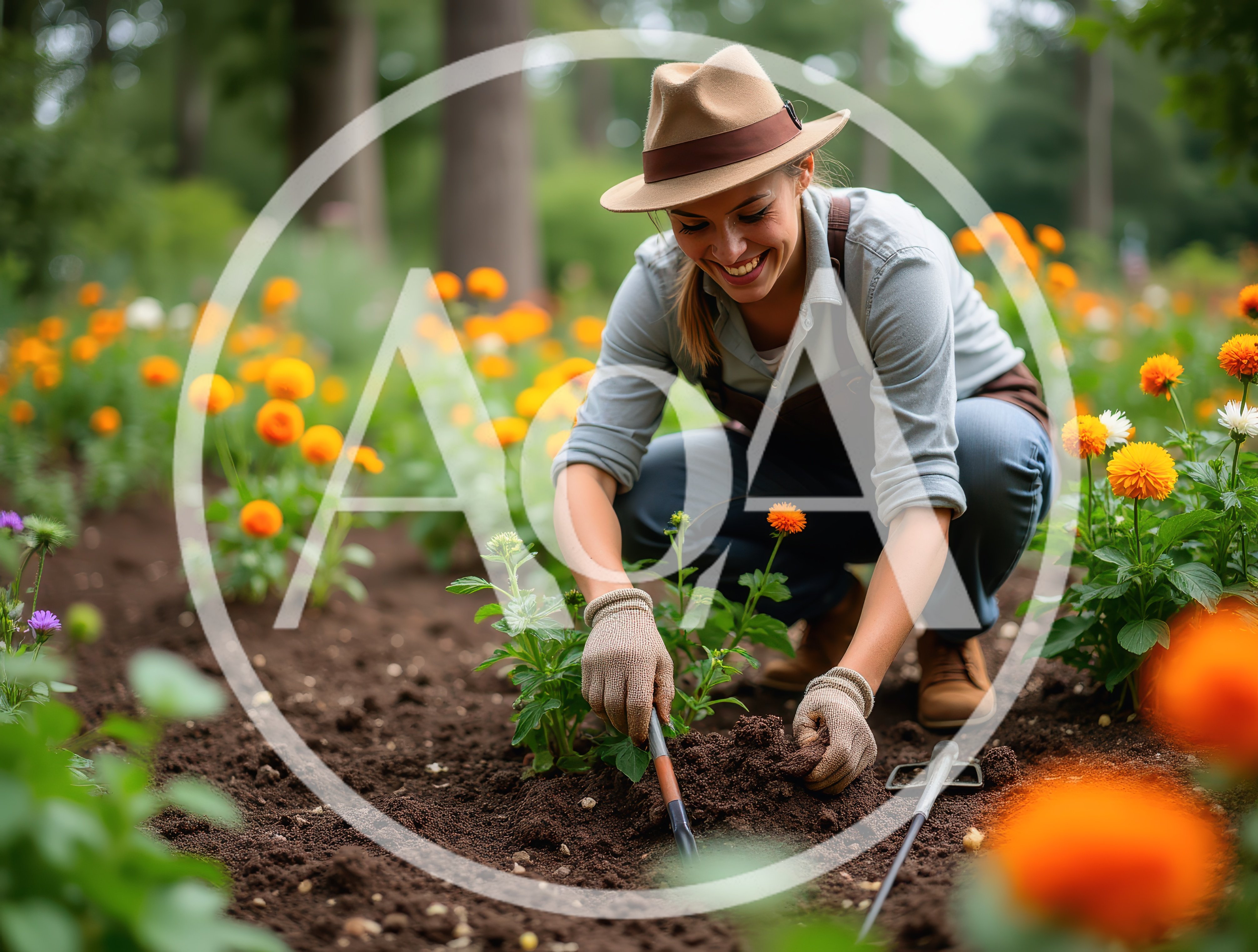 Woman Gardening In A Vibrant Flower Bed
