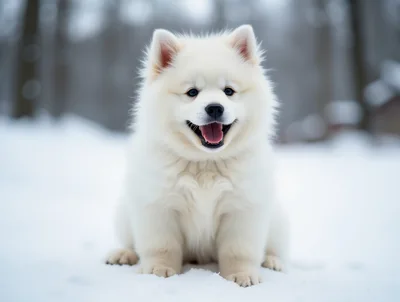 Fluffy White Samoyed Puppy Sitting In The Snow
