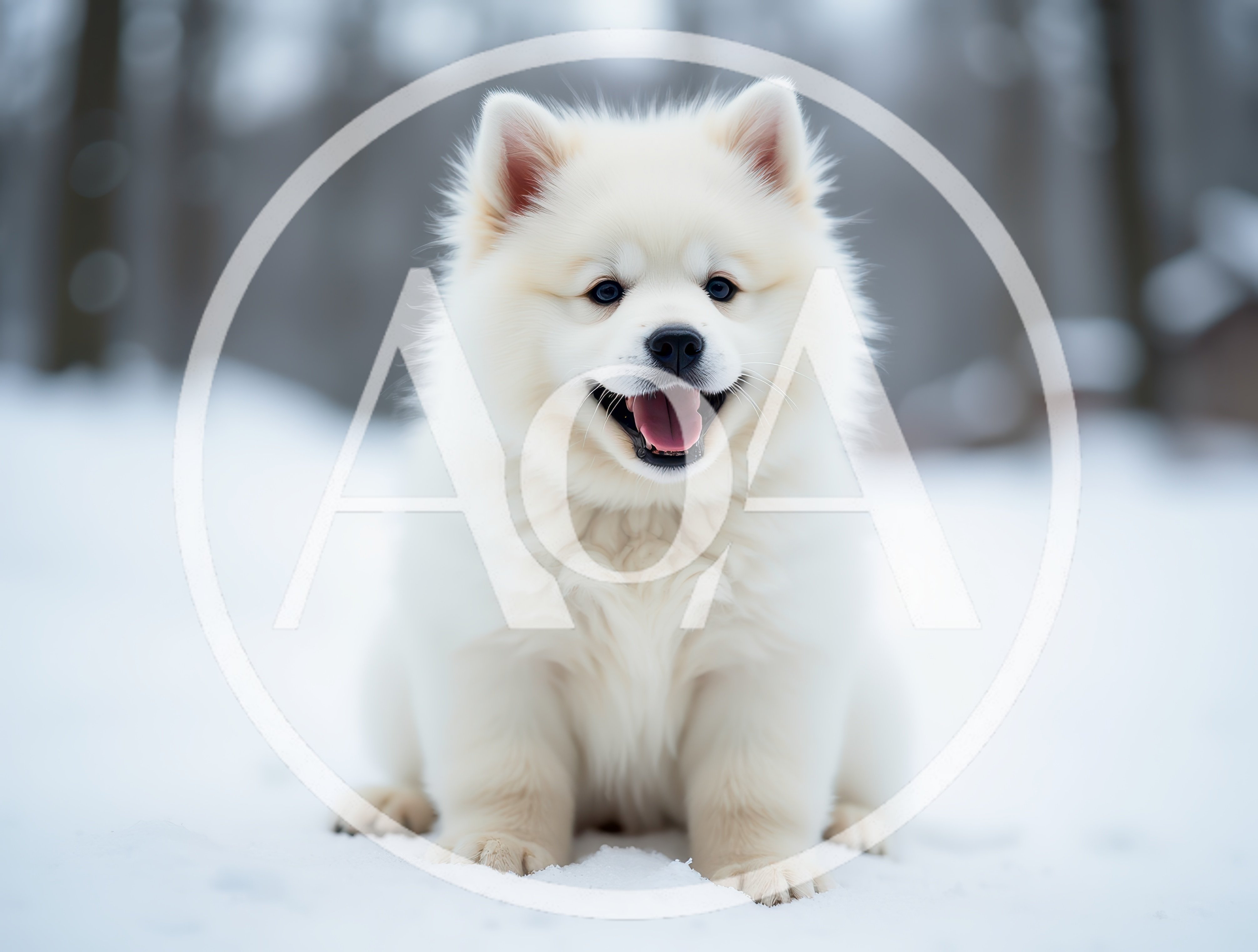 Fluffy White Samoyed Puppy Sitting In The Snow