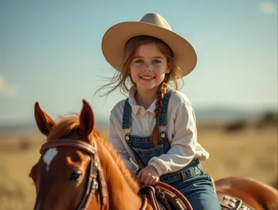 Young Girl Riding A Horse In A Sunny Field