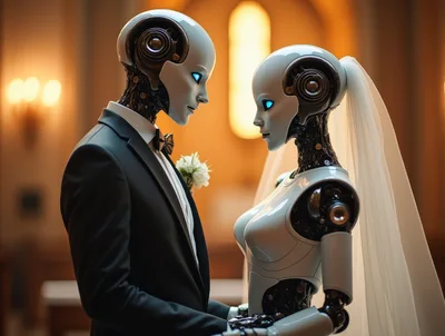 Futuristic Robot Couple Getting Married In A Church
