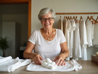 Senior Woman Folding White Laundry At Home