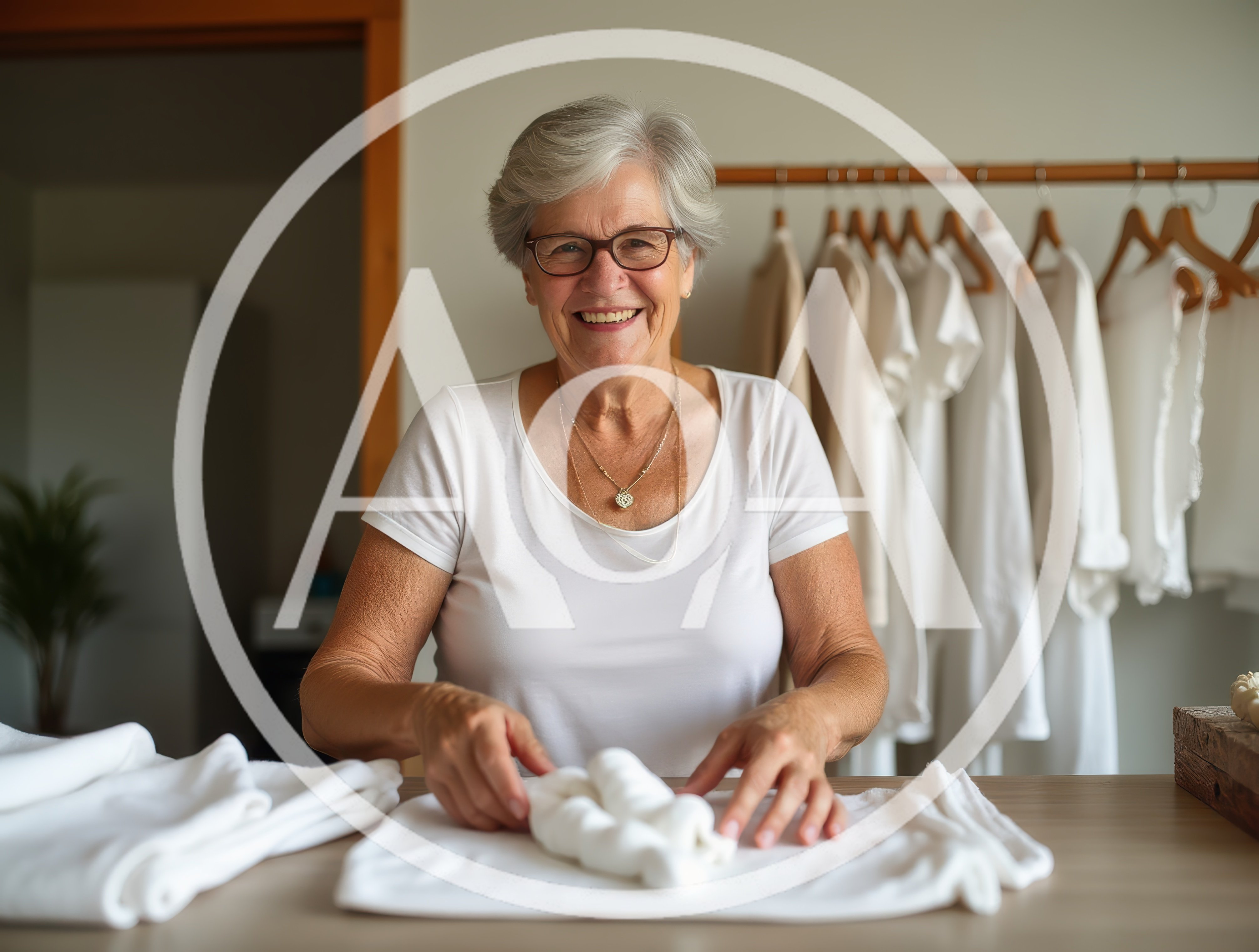 Senior Woman Folding White Laundry At Home
