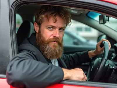 Bearded Man Driving A Red Car