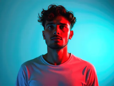 Portrait Of A Young Man With Dual Color Lighting