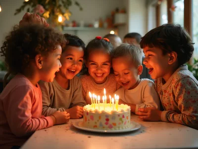 Group of Happy Children Celebrating Birthday with Cake